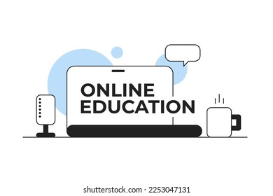 Online Education laptop. Outline style flat vector illustration. E-learning concept. Notebook Online school study.