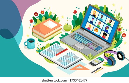 Online Education With Laptop And Pupils. Distance Learning. Vector Illustration. Teleconference Web Video Conference Call During Coronavirus COVID-19.