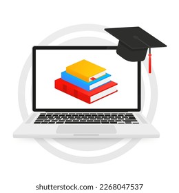 Online education laptop. A stack of books, a sheet of paper and a square academic cap isolated on white background. Lifelong constant learning. University degree web banner. Vector illustration