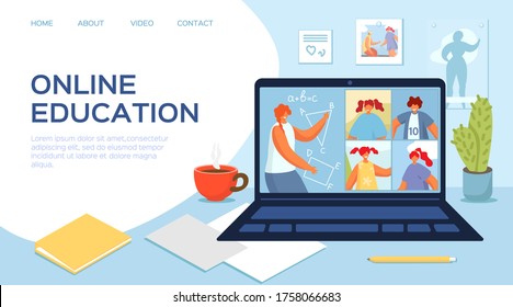 Online education with laptop, vector illustration. Teacher in Internet school, learning at home during quarantine. Child characters engaged in computer technology, cartoon study lesson while coronavirus.