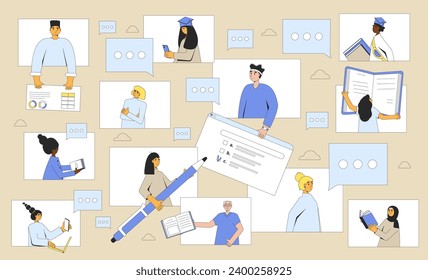 Online education. Learning community. Internet conversations and collaborations between students. Vector color outline illustration.