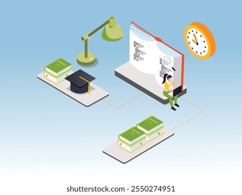 Online Education and Learning Concept with Books, Graduation Cap, and Laptop 3d isometric vector illustration