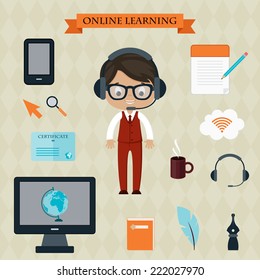 Online education and learning concept. Boy with icons for education, online education, online learning