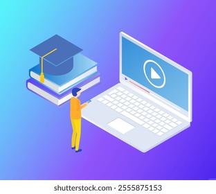 Online education and learning concept. Future 3d isometry, gradient background. Student standing backwards reading books in front of laptop screen vector illustration.