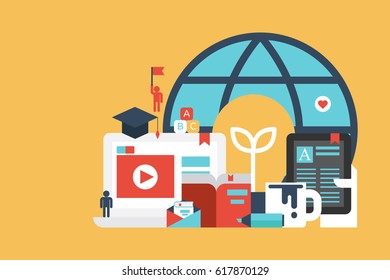 Online Education and Learning concept illustration. Flat design for website, app, web banner.