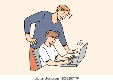 Online education and learning concept. Smiling man father standing near his son sitting at laptop typing something teaching controlling vector illustration 