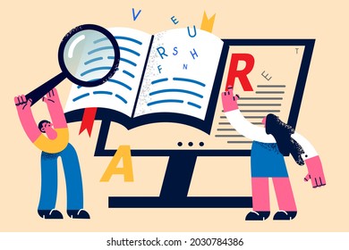 Concepto de educación y aprendizaje en línea. Dos estudiantes al revés leyendo libros con amplificador en internet en la pantalla portátil ilustración vectorial 