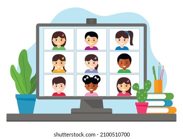 Educación en línea y aprendizaje desde casa con pantalla de computadora. Aprendizaje a distancia.  Ilustración del vector