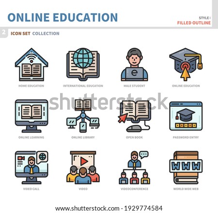 online education and learning icon set,filled outline style,vector and illustration