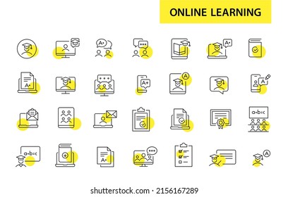 Symbole für Online-Bildung und Lernen. Pixel perfekte, bearbeitbare Strichzeilensymbole