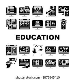 Symbole für Online-Unterrichtsstunden setzen Vektorgrafik. Bücher und Video-, Chemie- und Mathematikunterricht in der Internetbibliothek - Piktogramme, schwarze Illustrationen