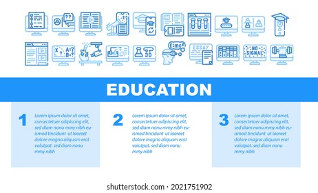 Online Education Learning Lesson Icons Set Vector. Internet Library Books And Video, Chemistry And Mathematics Education Illustration