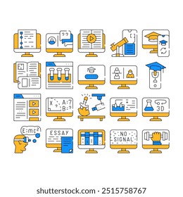 Ícones de aula de educação on-line definem o vetor. Biblioteca Da Internet Livros E Vídeo, Química E Matemática Educação Ilustrações De Contorno De Cor