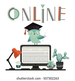 Online education. Learning, lessons and lectures. Desktop. Workplace with lamp, coffee, cacti and computer. Cute vector illustration with owl.