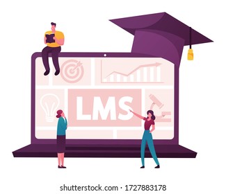 Online Education, Learning Management System Concept. Tiny Characters at Huge Laptop LMS Graphs and Charts on Screen. People Reading E-books and Study at School. Cartoon People Vector Illustration