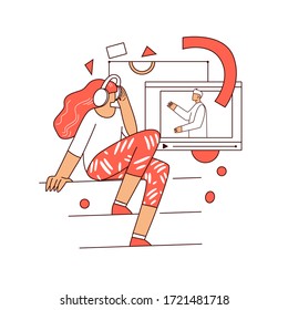 Online education, learning on phone vector abstract graphic concept. Girl sitting at home in front of smartphone, tablet, watching educational video. Online university, school course illustration