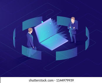 Online education and learning, open book, man reading tutorial, businessman, data analyzing and processing isometric vector dark neon