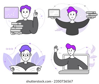 Online education learning set of isolated characters of students or teachers with computer and books. Vector illustration.