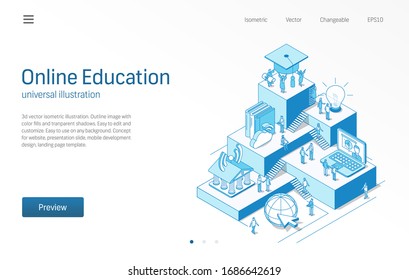 Online Education. Learning Students Teamwork. E-learning Isometric Line Illustration. Digital University, Distance Study, Virtual Library Icon. 3d Vector Background. Growth Step Infographic Concept.