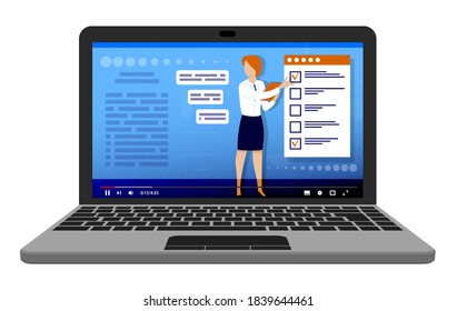 Online education, learning. Teacher conducts lesson online from laptop. Explains teaching material. Student takes exam using checklist from smartphone or laptop. Vector