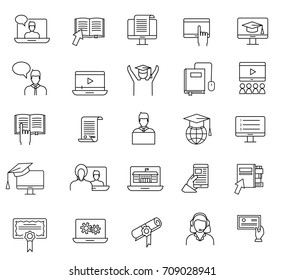 Online education and learning thin line icons set. Study concept; web courses and video tutorials signs and symbols collection in linear style, vector illustration