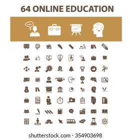 educación en línea, aprendizaje, formación, estudio de negocios, enseñanza, idea, curso, ciencia, universidad, académico, libro, examen, universidad, estudiante, certificado, lección, grado, íconos escolares, signos vectores
