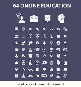 educación en línea, aprendizaje, formación, estudio de negocios, enseñanza, idea, curso, ciencia, universidad, académico, libro, examen, estudiante, certificado, lección, grado, íconos escolares, signos vectores