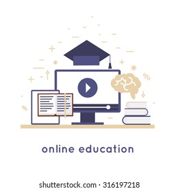 On-line education, online learning, on-line training courses, university, tutorials. Flat design vector illustration.