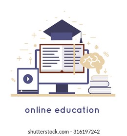 On-line education, online learning, on-line training courses, university, tutorials. Flat design vector illustration.