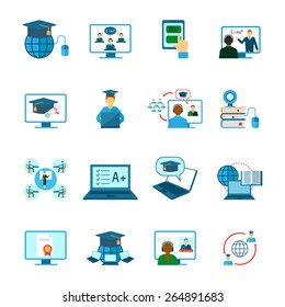 Online education learning and training icon flat set isolated vector illustration