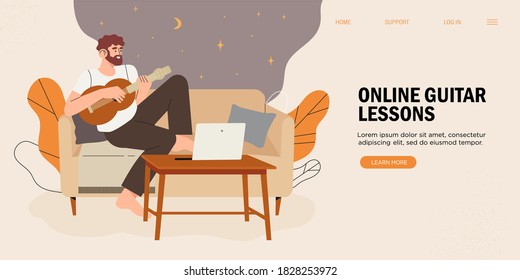 Online education, learning, training play the guitar, music lessons. Young man cartoon character sitting home with laptop watching video lesson and playing guitar. Creative hobby and leisure activity.