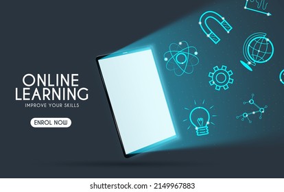 Online education learning vector design. Online learning text with tablet phone and knowledge icons element in dark mode background for educational e-learning course. Vector illustration.
