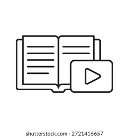 Icono del curso de aprendizaje de Educación Video en línea. Abrir libro con Botón Play