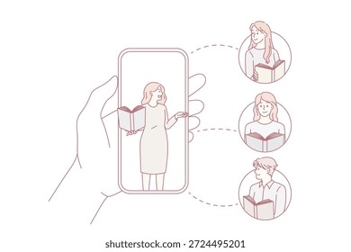 Educação online e conceito de lição. Jovem professora explicando material de aula para crianças aprendendo on-line em smartphones ilustração vetorial