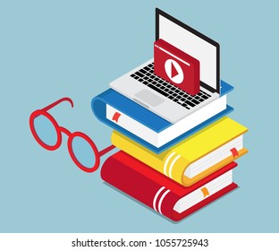 online education, lesson, learning concept laptop with media on stack of books isometric vector background