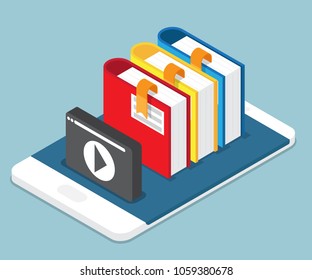 online education, lesson, tutorial concept books on mobile with multimedia icon vector isometric background