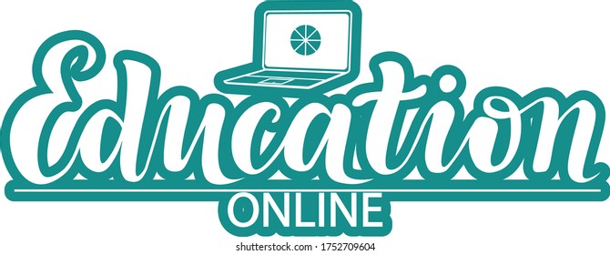 online education lettering design with laptop; e-learning; handwritten font, study concept with calligraphy