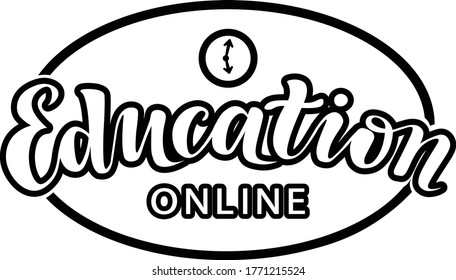 online education lettering text logo design; black and white colors; e-learning; handwritten font, study concept with calligraphy and clock icon