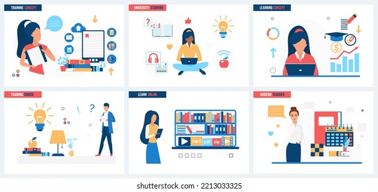 Online education, library app set vector illustration. Cartoon modern teacher teaching students at lecture, online lesson, study technology concept for banner, website design or landing web page