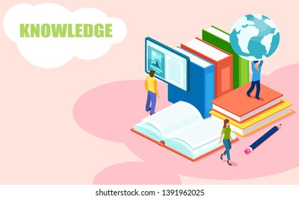 Online education and library concept. Vector of students reading books receiving international college degrees 