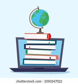 Online education, library and e-books. Computer with books inside. Flat cartoon style vector illustration.