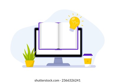 Online education or library, home schooling. Concept e-learning and online courses application. Web courses or tutorials concept. Digital book online education. Vector illustration