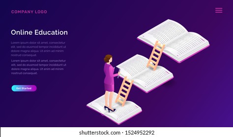Online education or library isometric concept vector illustration. Open books, wooden stairs and female figure on violet background, landing web site page for educational, training or language courses