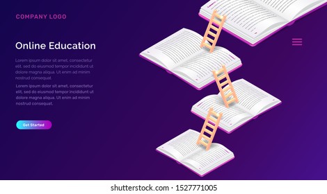 Online education or library isometric concept vector illustration. Open books and wooden stairs on violet background, landing web site page for educational, training or language courses