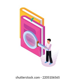 Online education library isometric icon with books and character holding magnifier 3d vector illustration