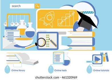 Online Education. On-line library, teaching materials, lessons, exams and testing. Modern vector illustration