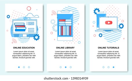 Online Education, Library, Tutorials Service on Smartphone. Mobile Landing Page Set. Distant E-Learning. Training Courses, Specialization, University Studies on Internet. Vector Flat Illustration