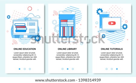 Online Education, Library, Tutorials Service on Smartphone. Mobile Landing Page Set. Distant E-Learning. Training Courses, Specialization, University Studies on Internet. Vector Flat Illustration
