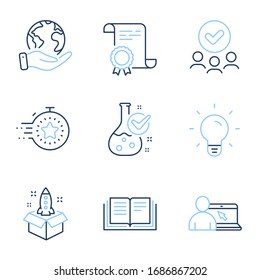 Online education, Light bulb and Chemistry lab line icons set. Diploma certificate, save planet, group of people. Startup, Timer and Education signs. Vector