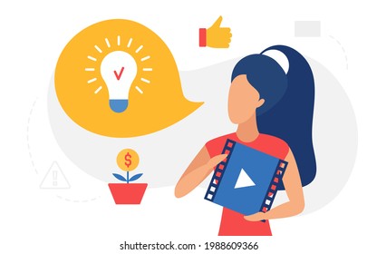 Online education, lightbulb lamp concept vector illustration. Cartoon woman character holding video player with business training course podcast icon to get idea and inspiration, internet learning